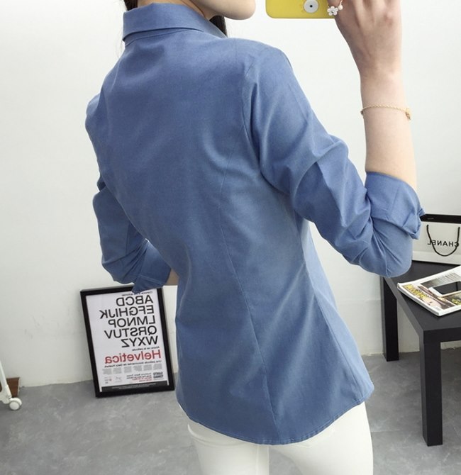 韓版修身方格領牛仔藍OL襯衫長袖wcps113